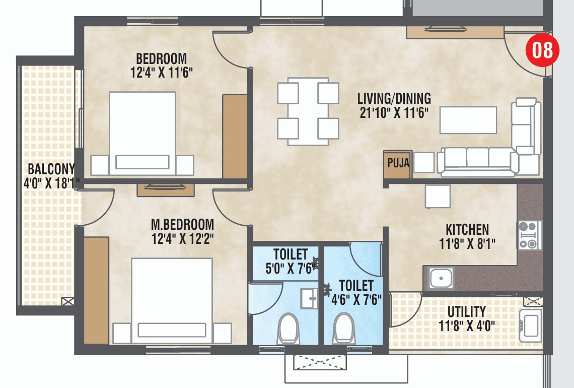 1285 sft Floor Plan