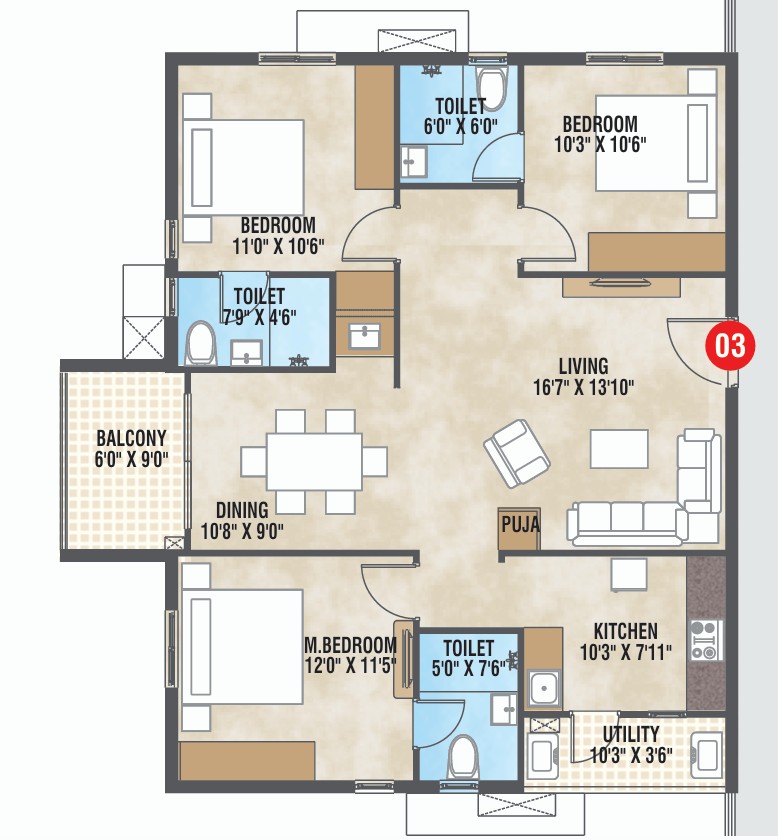 1505 sft Floor Plan